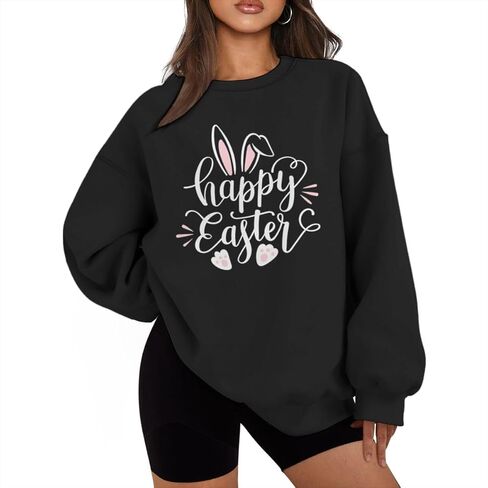 Happy Easter Bunny Sweatshirts for Women Oversized Graphic Pullovers Plus Size Long Sleeve Crew Neck Tops in Saudi Arabia