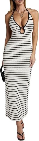Milumia Women's Knitted Striped Backless Cut Out Halter V Neck Dress Sleeveless Bodycon Maxi Dresses in Saudi Arabia