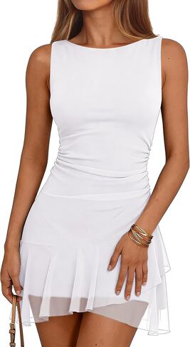 Caracilia Women's Boat Neck Sleeveless Bodycon Mini Dresses Mesh Ruched Wrap Ruffle Hem Cocktail Club Night Party Short Dress in Saudi Arabia