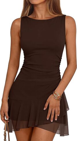 Caracilia Women's Boat Neck Sleeveless Bodycon Mini Dresses Mesh Ruched Wrap Ruffle Hem Cocktail Club Night Party Short Dress in Saudi Arabia