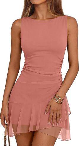 Caracilia Women's Boat Neck Sleeveless Bodycon Mini Dresses Mesh Ruched Wrap Ruffle Hem Cocktail Club Night Party Short Dress in Saudi Arabia