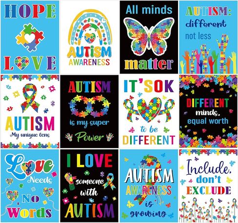 RUBOAOA Autism Awareness Month Posters, 12 Pcs Inspirational Autism Awareness Wall Art for Classroom, Bulletin Board Decorations, Autistic School Counseling Room Accessaries14×11 Inch in Kuwait