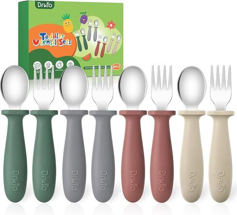 DRKIO 8 Pieces Toddler Utensils Set - Kids Silverware Set with Silicone Handle Children Safe 18/8 Stainless Steel Forks and Spoons Anti-Choke Design Food Grade Dishwasher Safe in Kuwait