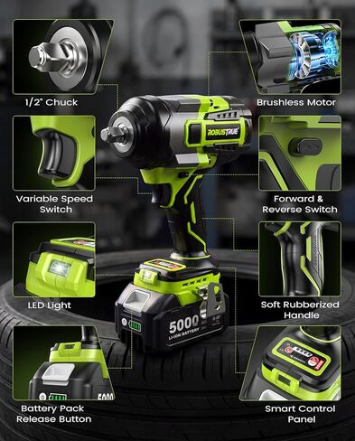 1000N.m(740ft-lbs) مفتاح ربط لاسلكي، عزم دوران عالي بدون فرش 1/2 مسدس تأثير، بطارية 21 فولت 2 × 4.0 أمبير، شاحن سريع، 4 مقابس، بيستولا دي إمباكتو لمحرك شاحنة إطارات السيارة المنزلية in Kuwait