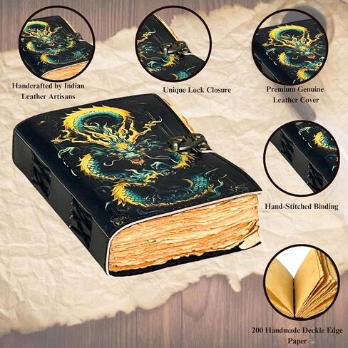 التنين الغامض - مجلة جلدية ذات حافة عتيقة مصنوعة يدويًا مع غطاء تنين منقوش وإغلاق قفل - مذكرات كتابة عتيقة، كتاب تعويذة خيالي، دفتر رسم، هدية للكتاب والفنانين in Kuwait