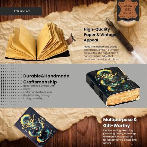 التنين الغامض - مجلة جلدية ذات حافة عتيقة مصنوعة يدويًا مع غطاء تنين منقوش وإغلاق قفل - مذكرات كتابة عتيقة، كتاب تعويذة خيالي، دفتر رسم، هدية للكتاب والفنانين in Kuwait