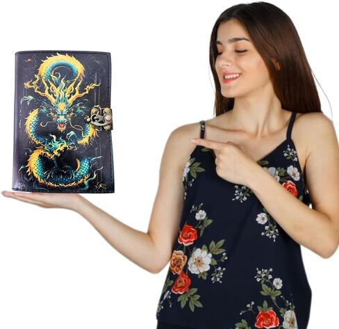 التنين الغامض - مجلة جلدية ذات حافة عتيقة مصنوعة يدويًا مع غطاء تنين منقوش وإغلاق قفل - مذكرات كتابة عتيقة، كتاب تعويذة خيالي، دفتر رسم، هدية للكتاب والفنانين in Kuwait