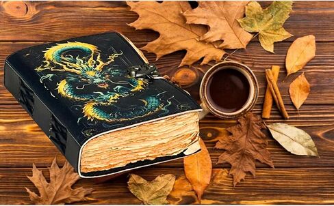 التنين الغامض - مجلة جلدية ذات حافة عتيقة مصنوعة يدويًا مع غطاء تنين منقوش وإغلاق قفل - مذكرات كتابة عتيقة، كتاب تعويذة خيالي، دفتر رسم، هدية للكتاب والفنانين in Kuwait