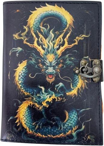 التنين الغامض - مجلة جلدية ذات حافة عتيقة مصنوعة يدويًا مع غطاء تنين منقوش وإغلاق قفل - مذكرات كتابة عتيقة، كتاب تعويذة خيالي، دفتر رسم، هدية للكتاب والفنانين in Kuwait