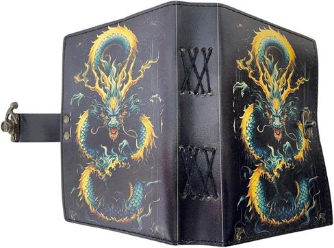 التنين الغامض - مجلة جلدية ذات حافة عتيقة مصنوعة يدويًا مع غطاء تنين منقوش وإغلاق قفل - مذكرات كتابة عتيقة، كتاب تعويذة خيالي، دفتر رسم، هدية للكتاب والفنانين in Kuwait