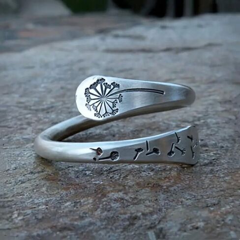 White Gold Plated Boho-style Ancient Silver Creative Dandelion Design Adjustable Statement Ring Personalized Accessory Ideal for Women's Daily Casual Wear Party Holiday Anniversary Love Jewelry Gift in Saudi Arabia