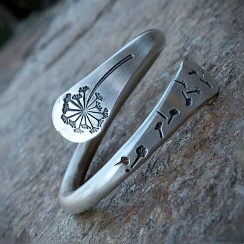 White Gold Plated Boho-style Ancient Silver Creative Dandelion Design Adjustable Statement Ring Personalized Accessory Ideal for Women's Daily Casual Wear Party Holiday Anniversary Love Jewelry Gift in Saudi Arabia