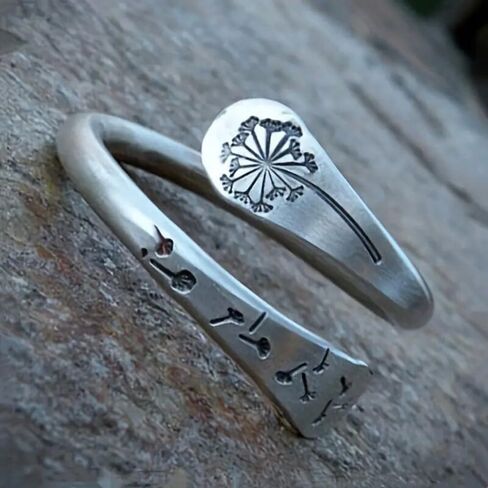 White Gold Plated Boho-style Ancient Silver Creative Dandelion Design Adjustable Statement Ring Personalized Accessory Ideal for Women's Daily Casual Wear Party Holiday Anniversary Love Jewelry Gift in Saudi Arabia