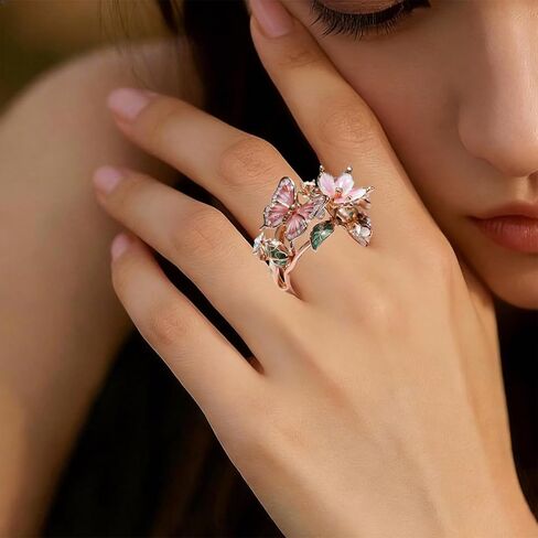 Adjustable Flower Rings for Women, Elegant Butterfly Ring Statement Open Ring, Dainty Floral Promise Ring Jewelry, Trendy Irregular Flower Accessories, Gifts for Mom Wife Girlfriend in Kuwait