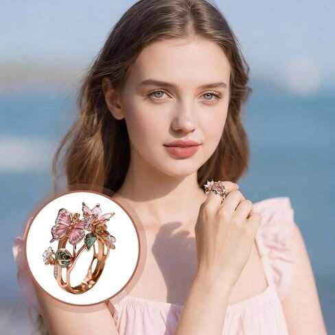 Adjustable Flower Rings for Women, Elegant Butterfly Ring Statement Open Ring, Dainty Floral Promise Ring Jewelry, Trendy Irregular Flower Accessories, Gifts for Mom Wife Girlfriend in Kuwait