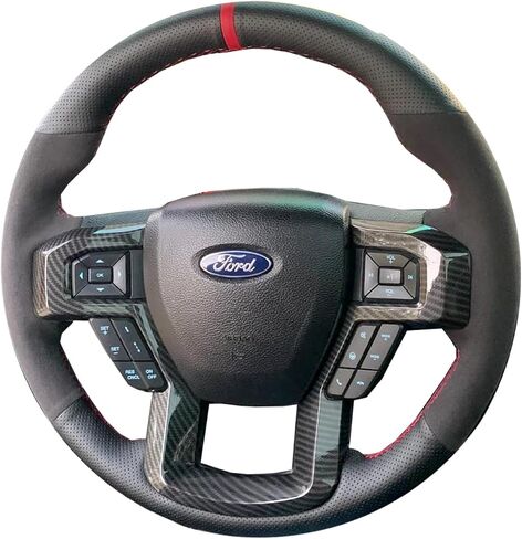 Black Perforated Leather & Suede Red Thread Auto DIY Steering Wheel Cover Hand-Stitch on Wrap Fit for Ford F150 Raptor 2016-2019 in Kuwait