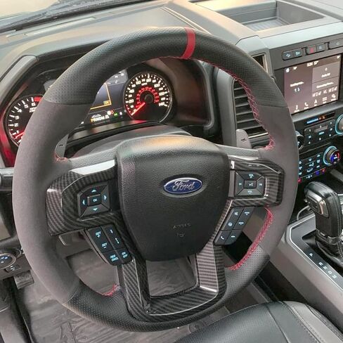 Black Perforated Leather & Suede Red Thread Auto DIY Steering Wheel Cover Hand-Stitch on Wrap Fit for Ford F150 Raptor 2016-2019 in Kuwait