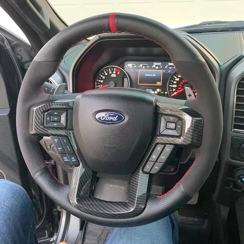 Black Perforated Leather & Suede Red Thread Auto DIY Steering Wheel Cover Hand-Stitch on Wrap Fit for Ford F150 Raptor 2016-2019 in Kuwait