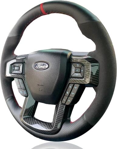 Black Perforated Leather & Suede Red Thread Auto DIY Steering Wheel Cover Hand-Stitch on Wrap Fit for Ford F150 Raptor 2016-2019 in Kuwait