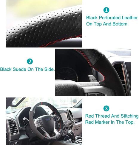 Black Perforated Leather & Suede Red Thread Auto DIY Steering Wheel Cover Hand-Stitch on Wrap Fit for Ford F150 Raptor 2016-2019 in Kuwait