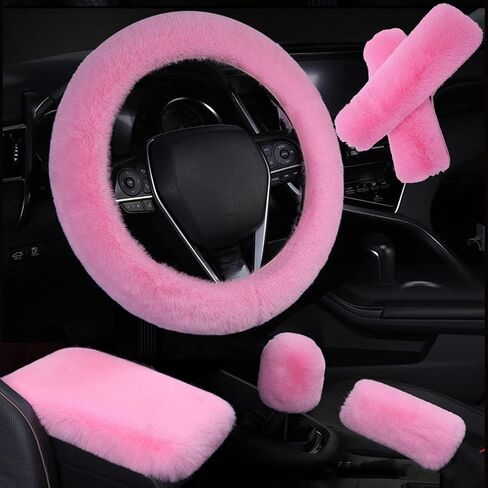 6pcs in 1 Set Fluffy Faux Wool Steering Wheel Cover & Soft Handbrake Cover & Gear Shift Cover & 2pcs Seat Belt Shoulder Pads & Center Console Cover Warm Universal Fit (Pink) in Saudi Arabia