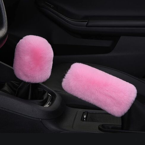 6pcs in 1 Set Fluffy Faux Wool Steering Wheel Cover & Soft Handbrake Cover & Gear Shift Cover & 2pcs Seat Belt Shoulder Pads & Center Console Cover Warm Universal Fit (Pink) in Saudi Arabia