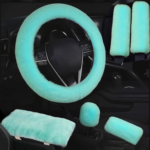 6pcs in 1 Set Fluffy Faux Wool Steering Wheel Cover & Soft Handbrake Cover & Gear Shift Cover & 2pcs Seat Belt Shoulder Pads & Center Console Cover Warm Universal Fit (Pink) in Saudi Arabia