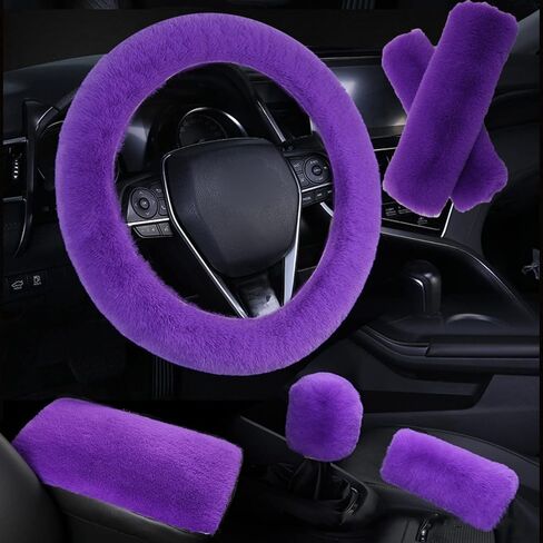 6pcs in 1 Set Fluffy Faux Wool Steering Wheel Cover & Soft Handbrake Cover & Gear Shift Cover & 2pcs Seat Belt Shoulder Pads & Center Console Cover Warm Universal Fit (Pink) in Saudi Arabia