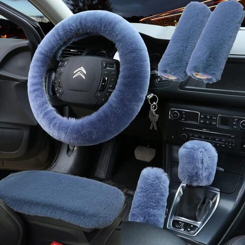 6pcs in 1 Set Fluffy Faux Wool Steering Wheel Cover & Soft Handbrake Cover & Gear Shift Cover & 2pcs Seat Belt Shoulder Pads & Center Console Cover Warm Universal Fit (Pink) in Saudi Arabia