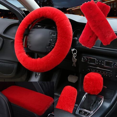 6pcs in 1 Set Fluffy Faux Wool Steering Wheel Cover & Soft Handbrake Cover & Gear Shift Cover & 2pcs Seat Belt Shoulder Pads & Center Console Cover Warm Universal Fit (Pink) in Saudi Arabia