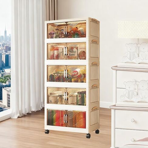 5 Tier Stackable Plastic Storage Bins with Lids Stackable Containers with Wheels and Magnetic Doors Wheels StackableStorage Bins for Living Room,Office,Dorm in Saudi Arabia