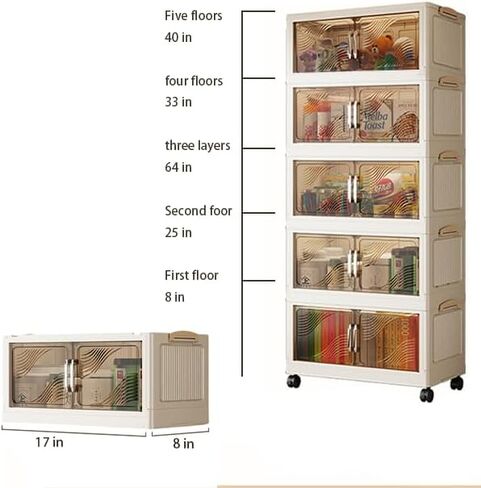 5 Tier Stackable Plastic Storage Bins with Lids Stackable Containers with Wheels and Magnetic Doors Wheels StackableStorage Bins for Living Room,Office,Dorm in Saudi Arabia