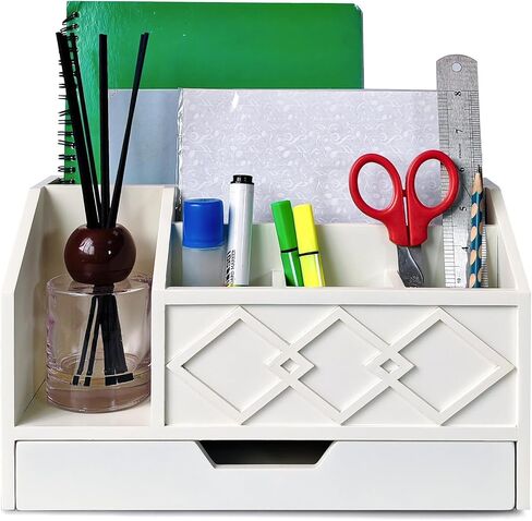 White Wooden Mail Organizer with Drawer, Three Tiered Desk Accessories for Office Organization and Storage, Stylish Countertop Document Storage, Home/Office/Classroom Supplies (White01) in Saudi Arabia