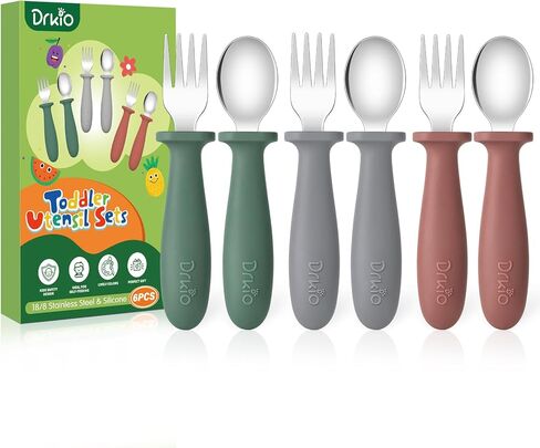 DRKIO 6 Pieces Toddler Utensils Set - Kids Silverware Set with Silicone Handle Children Safe 18/8 Stainless Steel Forks and Spoons Anti-Choke Design Food Grade Dishwasher Safe in Kuwait