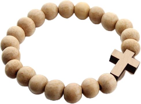 Wooden 10MM Beads Cross Bracelets Boho Handmade Natural Wood Religious Catholic Lightweight Stretch Bracelets for Men Women Boys Girls Ethnic Style Christian Faith Prayer Fashion Jewelry Gifts in Kuwait