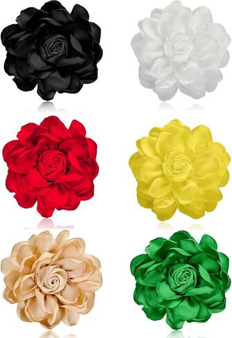 Tornito 6Pcs Rose Brooch and Pin Fabric Flower Lapel Pin Hair Clip Hat Pin Wedding Party Dance Banquet Dress Clothes Accessories for Women Yellow White Red Black Blue Green Pink Khaki Tone 10cm 12cm in Saudi Arabia