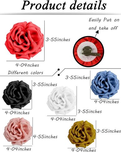 Tornito 6Pcs Rose Brooch and Pin Fabric Flower Lapel Pin Hair Clip Hat Pin Wedding Party Dance Banquet Dress Clothes Accessories for Women Yellow White Red Black Blue Green Pink Khaki Tone 10cm 12cm in Saudi Arabia