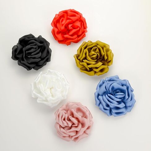 Tornito 6Pcs Rose Brooch and Pin Fabric Flower Lapel Pin Hair Clip Hat Pin Wedding Party Dance Banquet Dress Clothes Accessories for Women Yellow White Red Black Blue Green Pink Khaki Tone 10cm 12cm in Saudi Arabia