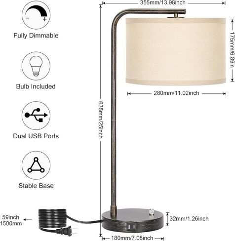 Seaside village Bedside Table Lamp with USB C+A Charging Ports, Fully Dimmable Industrial Tall Nightstand Reading Desk Lamp for Bedroom, Living Room, Office, 9W LED Bulb Included in Saudi Arabia