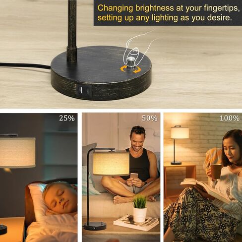 Seaside village Bedside Table Lamp with USB C+A Charging Ports, Fully Dimmable Industrial Tall Nightstand Reading Desk Lamp for Bedroom, Living Room, Office, 9W LED Bulb Included in Saudi Arabia