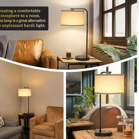Seaside village Bedside Table Lamp with USB C+A Charging Ports, Fully Dimmable Industrial Tall Nightstand Reading Desk Lamp for Bedroom, Living Room, Office, 9W LED Bulb Included in Saudi Arabia