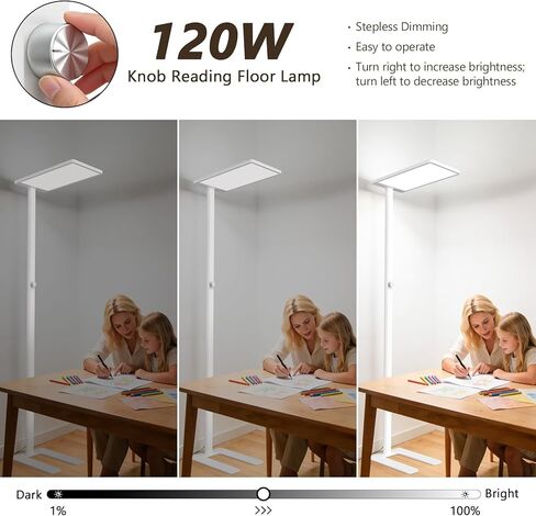 مصباح أرضي LED 120 وات، مصباح قراءة كامل الطيف للعناية بالعين 10000 لومن، مصباح أرضي طويل يعتم بمقبض 77 بوصة مع ضوء نهاري طبيعي 4000 كلفن، مصباح قائم في الزاوية الساطعة لغرفة النوم وغرفة المعيشة وغرفة الدراسة والمكتب in Kuwait