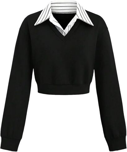 SweatyRocks Women's Collared Sweatshirt Crop Tops Long Sleeve Striped Color Block 2 in 1 Pullovers in Saudi Arabia