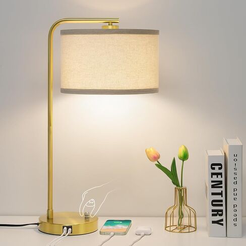 Seaside village Bedside Table Lamp with USB C+A Charging Ports, Fully Dimmable Industrial Tall Nightstand Reading Desk Lamp for Bedroom, Living Room, Office, 9W LED Bulb Included in Saudi Arabia