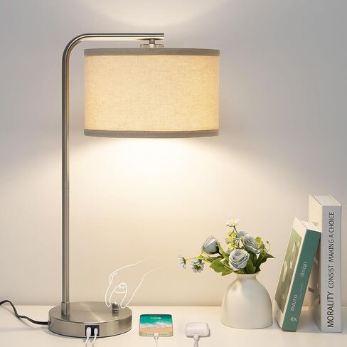 Seaside village Bedside Table Lamp with USB C+A Charging Ports, Fully Dimmable Industrial Tall Nightstand Reading Desk Lamp for Bedroom, Living Room, Office, 9W LED Bulb Included in Saudi Arabia