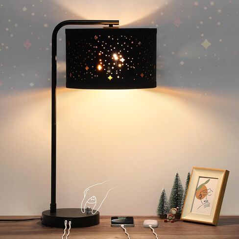 Seaside village Bedside Table Lamp with USB C+A Charging Ports, Fully Dimmable Industrial Tall Nightstand Reading Desk Lamp for Bedroom, Living Room, Office, 9W LED Bulb Included in Saudi Arabia