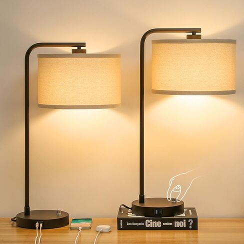 Seaside village Bedside Table Lamp with USB C+A Charging Ports, Fully Dimmable Industrial Tall Nightstand Reading Desk Lamp for Bedroom, Living Room, Office, 9W LED Bulb Included in Saudi Arabia