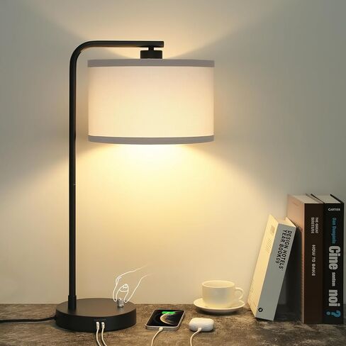 Seaside village Bedside Table Lamp with USB C+A Charging Ports, Fully Dimmable Industrial Tall Nightstand Reading Desk Lamp for Bedroom, Living Room, Office, 9W LED Bulb Included in Saudi Arabia