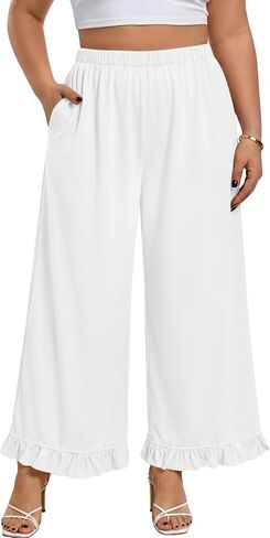 Beautife Womens Plus Size Pants Ruffle Elastic High Waist Wide Leg Palazzo Casual Trousers with Pockets Spring Clothes in Kuwait