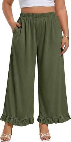 Beautife Womens Plus Size Pants Ruffle Elastic High Waist Wide Leg Palazzo Casual Trousers with Pockets Spring Clothes in Saudi Arabia